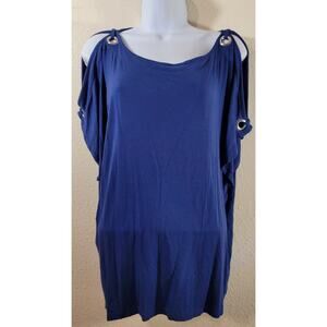 Cable & Gauge Blue Round Neck Cold Shoulder With Rivets Top 1X Plus Lightweight